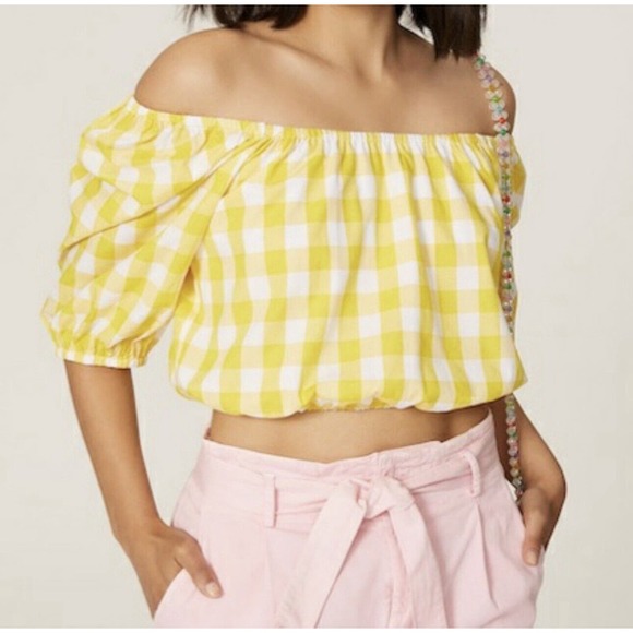 Color Me Courtney Kris Top Shirt XS Off The Shoulder Cotton Yellow Gingham - Picture 1 of 11
